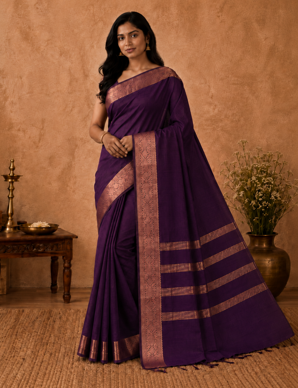 Kalyani Silk Cotton Saree – Deep Plum | Copper Gold Zari Woven Border
