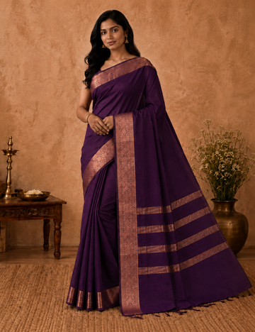 Kalyani Silk Cotton Saree – Deep Plum | Copper Gold Zari Woven Border