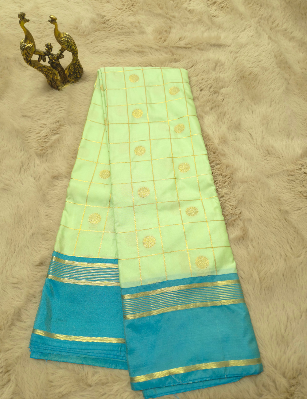 Premium Kanchi Semi Soft Silk Saree – Mint Green with Turquoise Blue Gold Zari Woven Border
