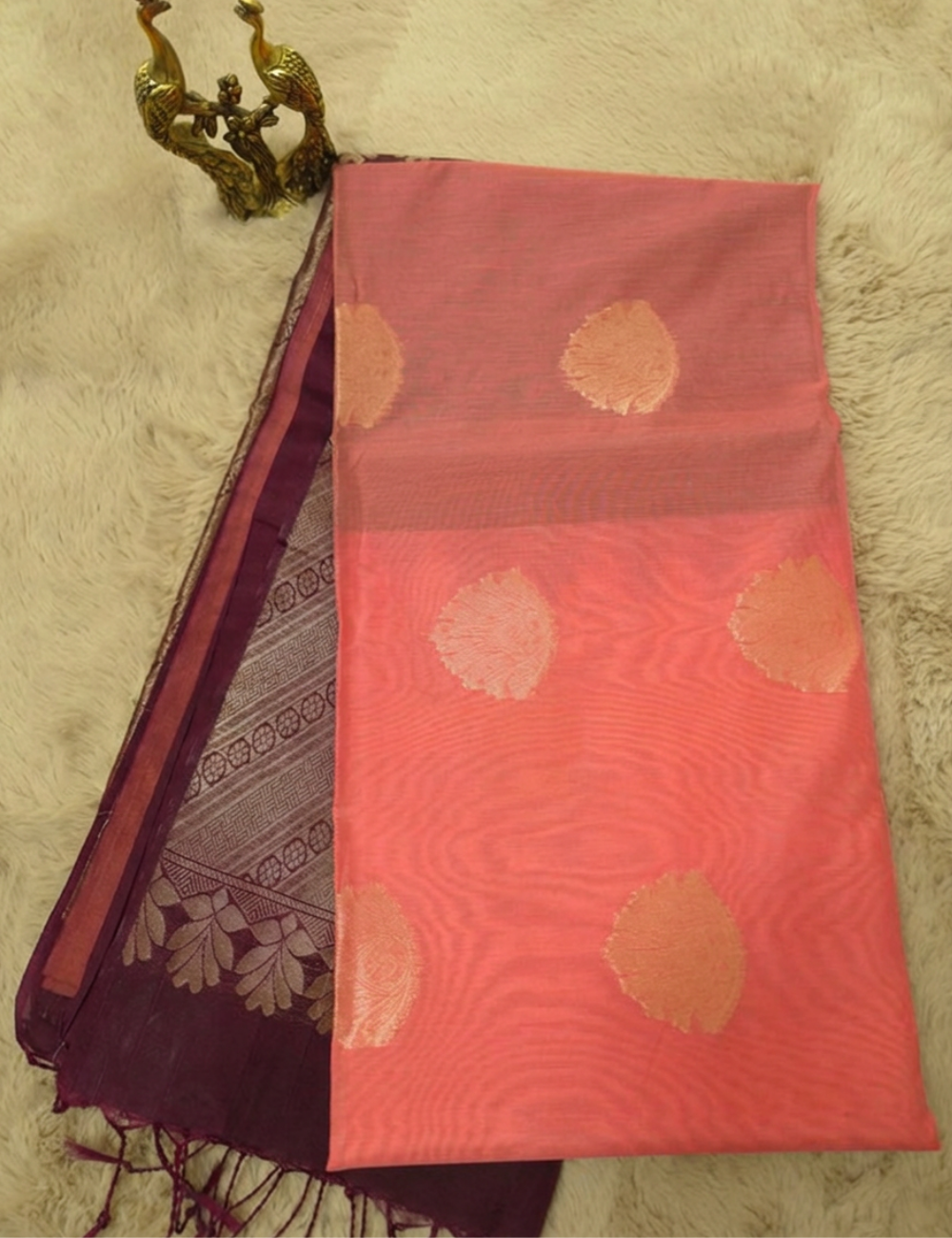 Premium Kota Silk Cotton Saree – Coral Peach | Beige Rich Gold Zari Woven Border