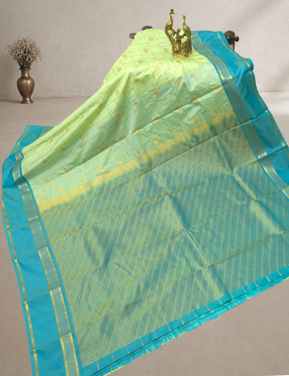 Premium Kanchi Semi Soft Silk Saree – Mint Green with Turquoise Blue Gold Zari Woven Border