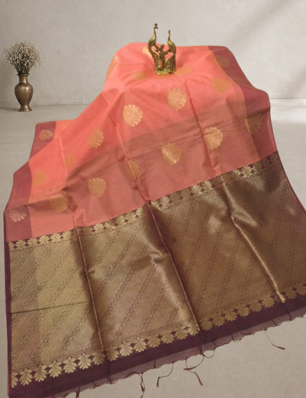 Premium Kota Silk Cotton Saree – Coral Peach | Beige Rich Gold Zari Woven Border