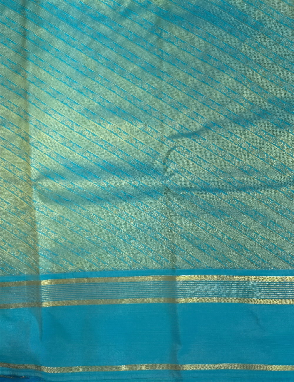 Premium Kanchi Semi Soft Silk Saree – Mint Green with Turquoise Blue Gold Zari Woven Border