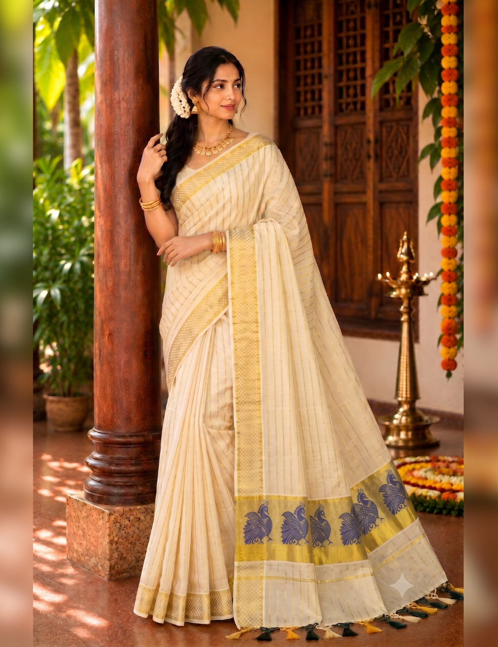 Kerala Kasavu Soft Tissue Saree – Off-White Striped with Peacock Embroidered Pallu