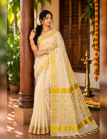 Kerala Kasavu Soft Tissue Saree – Off-White with Gold Buttas & Floral Zari Pallu