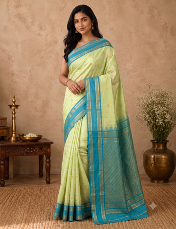 Premium Kanchi Semi Soft Silk Saree – Mint Green with Turquoise Blue Gold Zari Woven Border