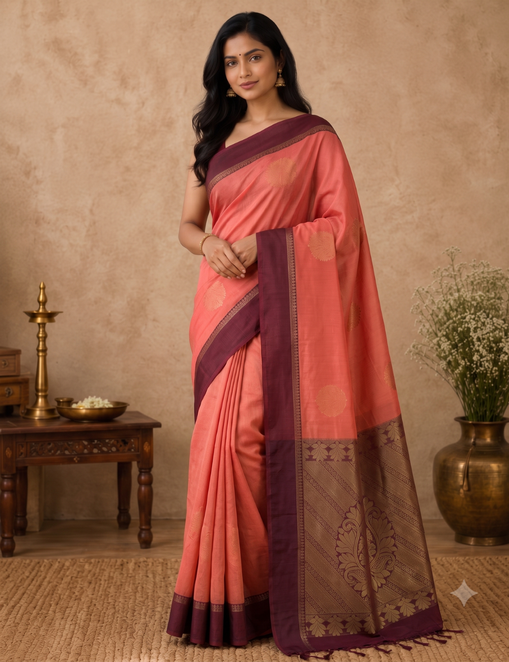 Premium Kota Silk Cotton Saree – Coral Peach | Beige Rich Gold Zari Woven Border