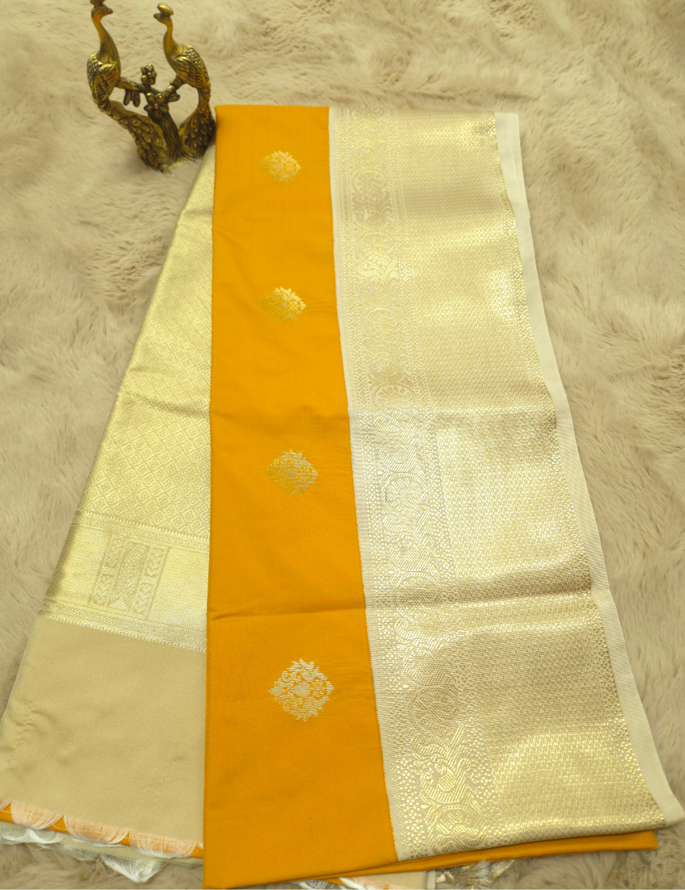 Premium Kanchi Semi Soft Silk Saree – Marigold Yellow with Beige Gold Zari Woven Border