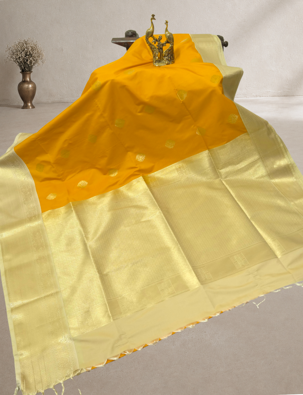 Premium Kanchi Semi Soft Silk Saree – Marigold Yellow with Beige Gold Zari Woven Border