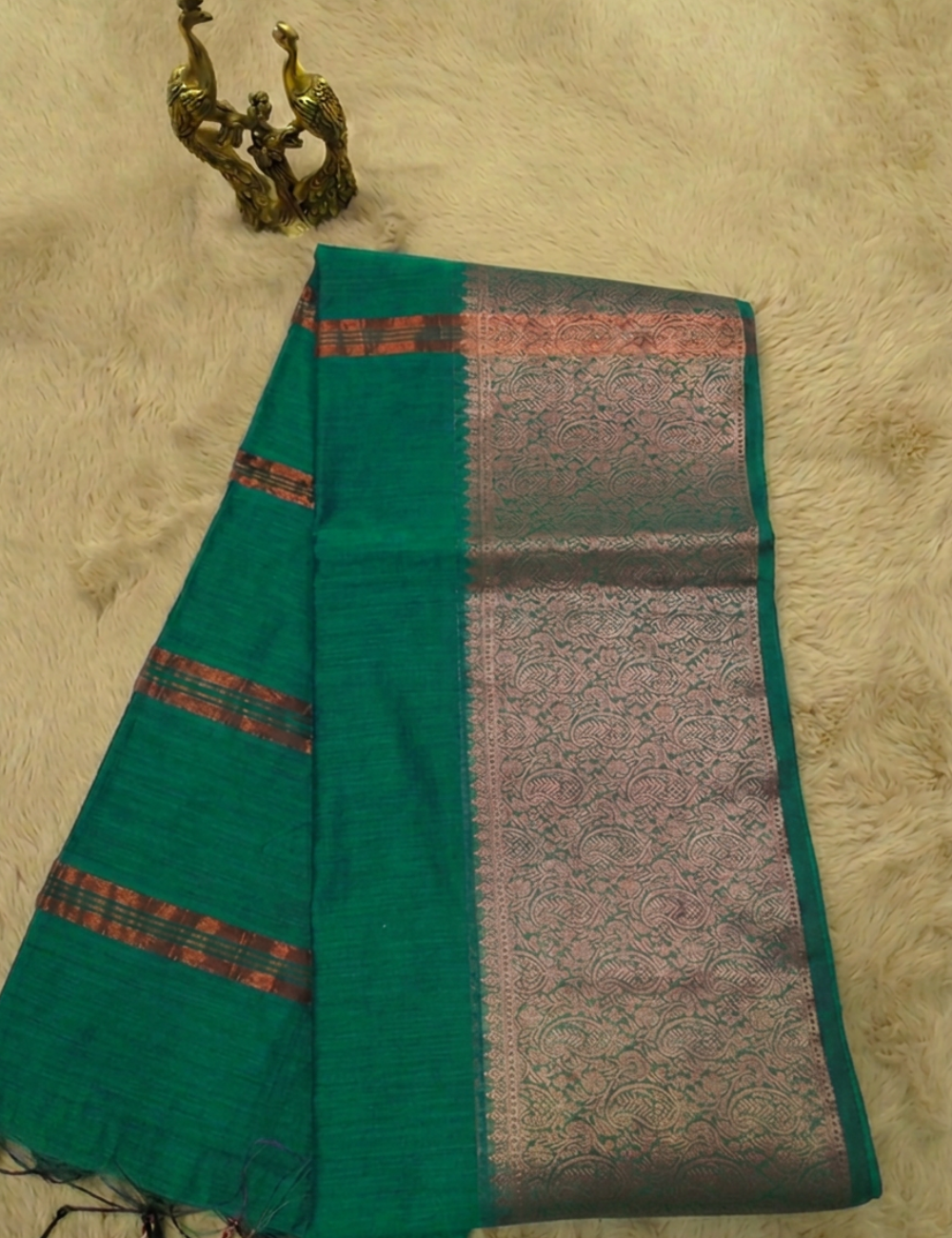 Kalyani Silk Cotton Saree – Peacock Green | Copper Gold Zari Woven Border