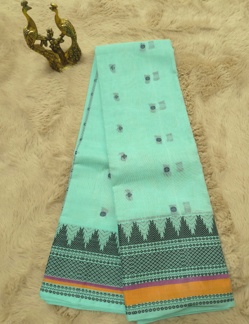 Premium 80s Kanchi Cotton Saree – Mint Green with Multicolour Woven Border
