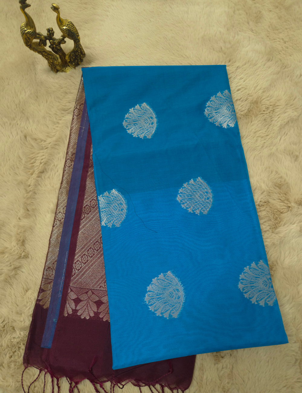 Premium Kota Silk Cotton Saree – Vivid Sky Blue | Beige Rich Gold Zari Woven Border