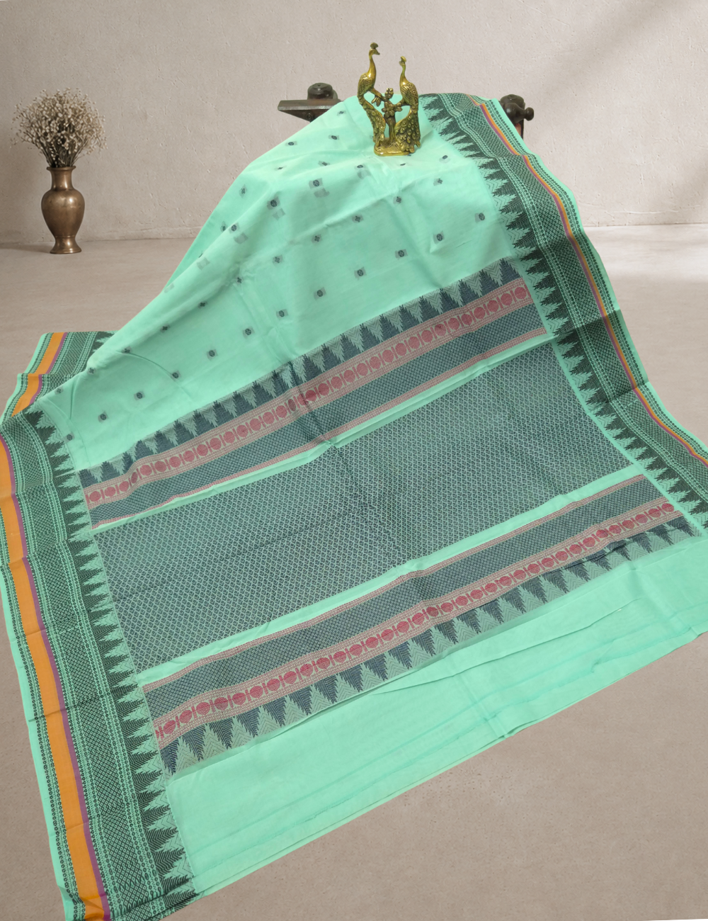 Premium 80s Kanchi Cotton Saree – Mint Green with Multicolour Woven Border