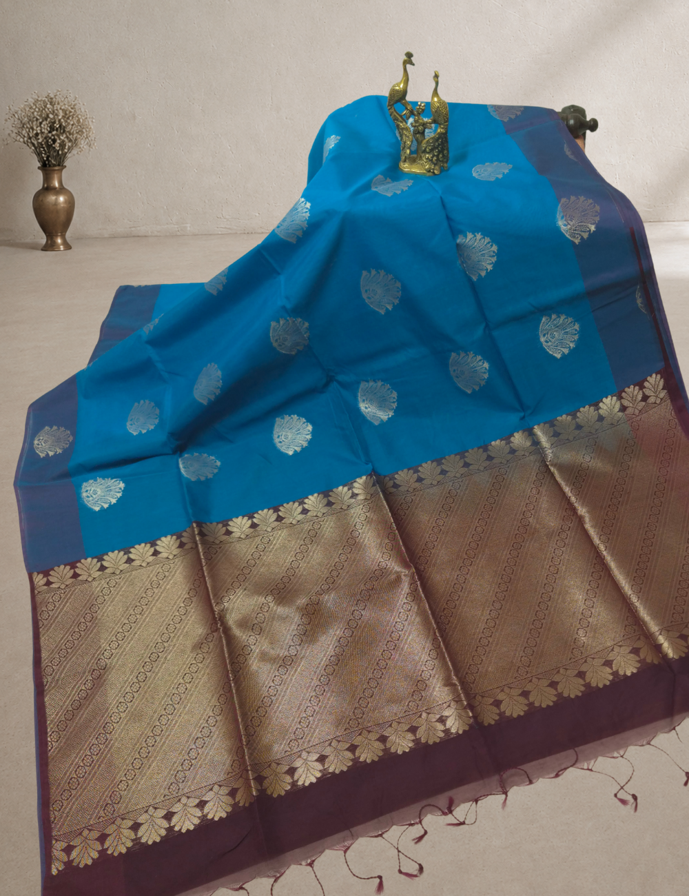 Premium Kota Silk Cotton Saree – Vivid Sky Blue | Beige Rich Gold Zari Woven Border