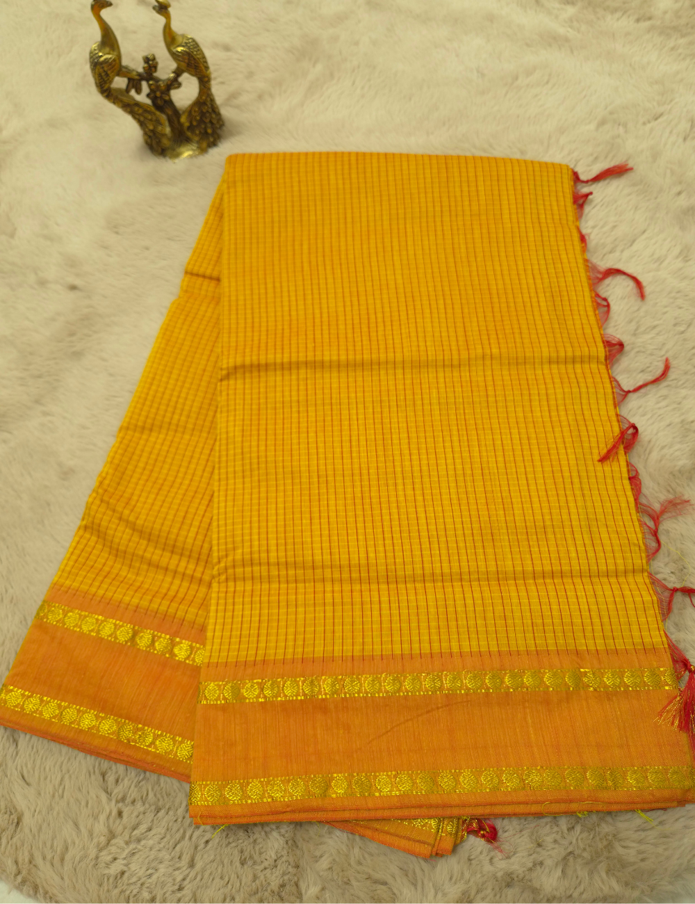 Arani Checked Cotton Saree – Mustard Yellow Checks | Purple Shot Woven Border