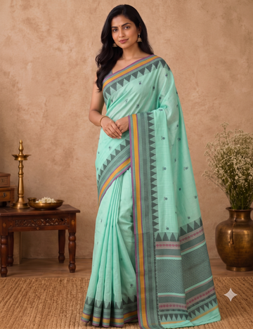 Premium 80s Kanchi Cotton Saree – Mint Green with Multicolour Woven Border