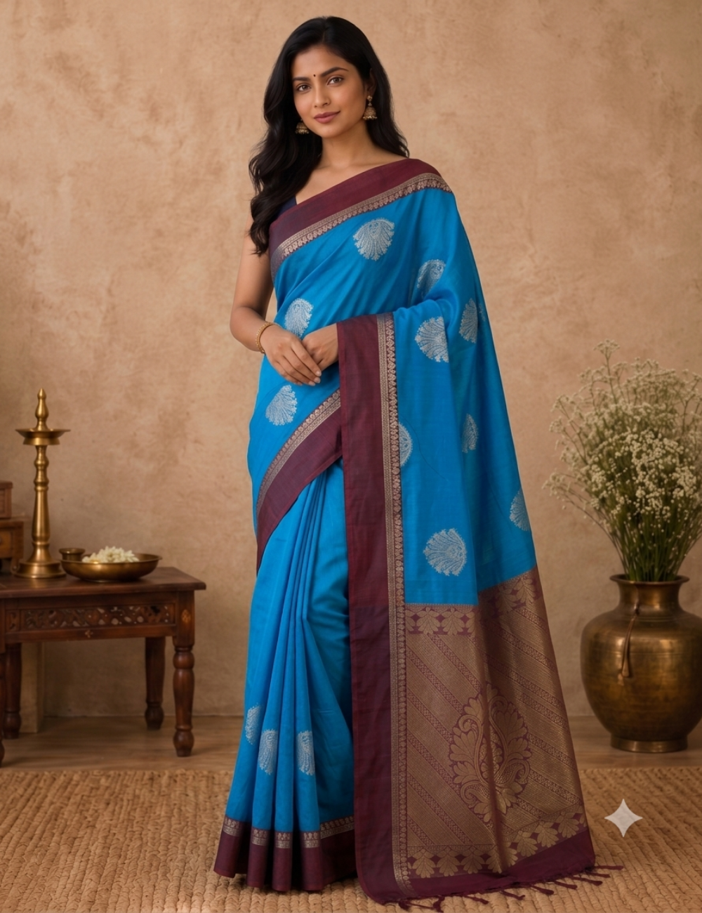 Premium Kota Silk Cotton Saree – Vivid Sky Blue | Beige Rich Gold Zari Woven Border
