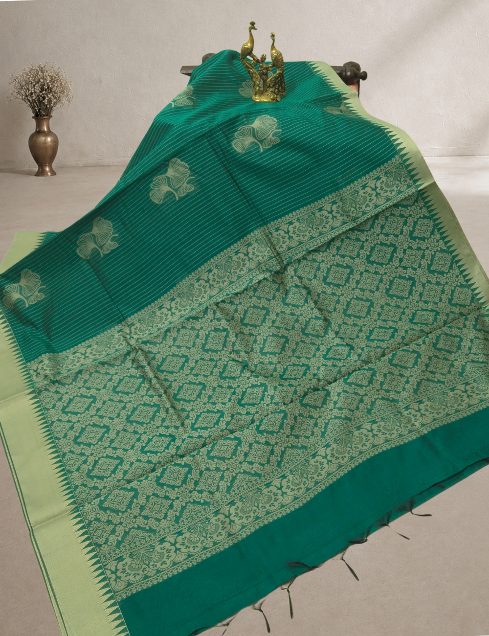 Premium Kota Cotton Saree – Emerald Green with Beige Woven Border