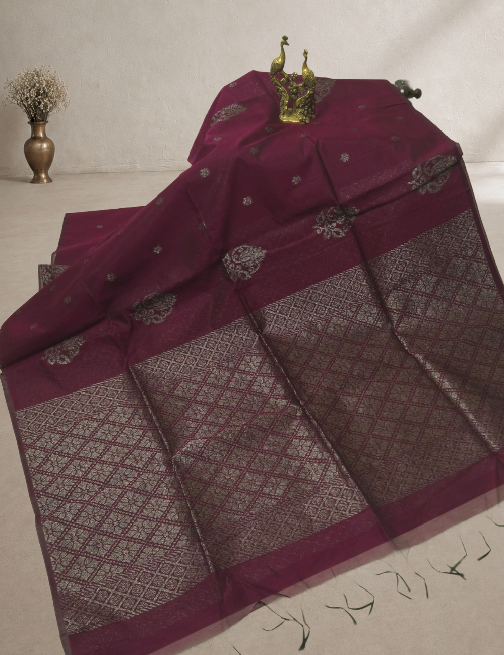 Premium Kota Silk Cotton Saree – Dark Wine | Beige Rich Gold Zari Woven Border