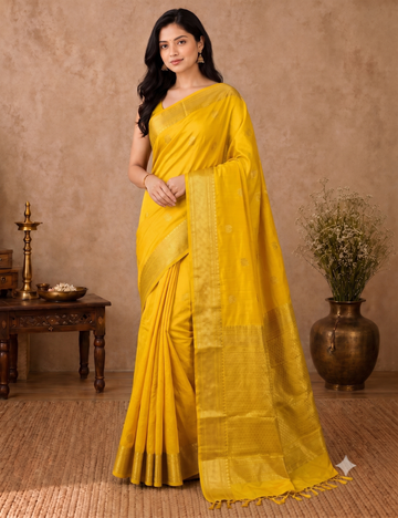 Premium Kanchi Semi Soft Silk Saree – Golden Yellow | Gold Zari