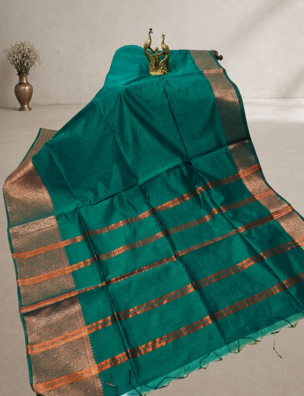 Kalyani Silk Cotton Saree – Peacock Green | Copper Gold Zari Woven Border