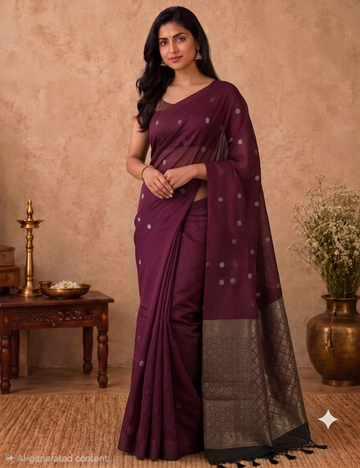 Premium Kota Silk Cotton Saree – Dark Wine | Beige Rich Gold Zari Woven Border