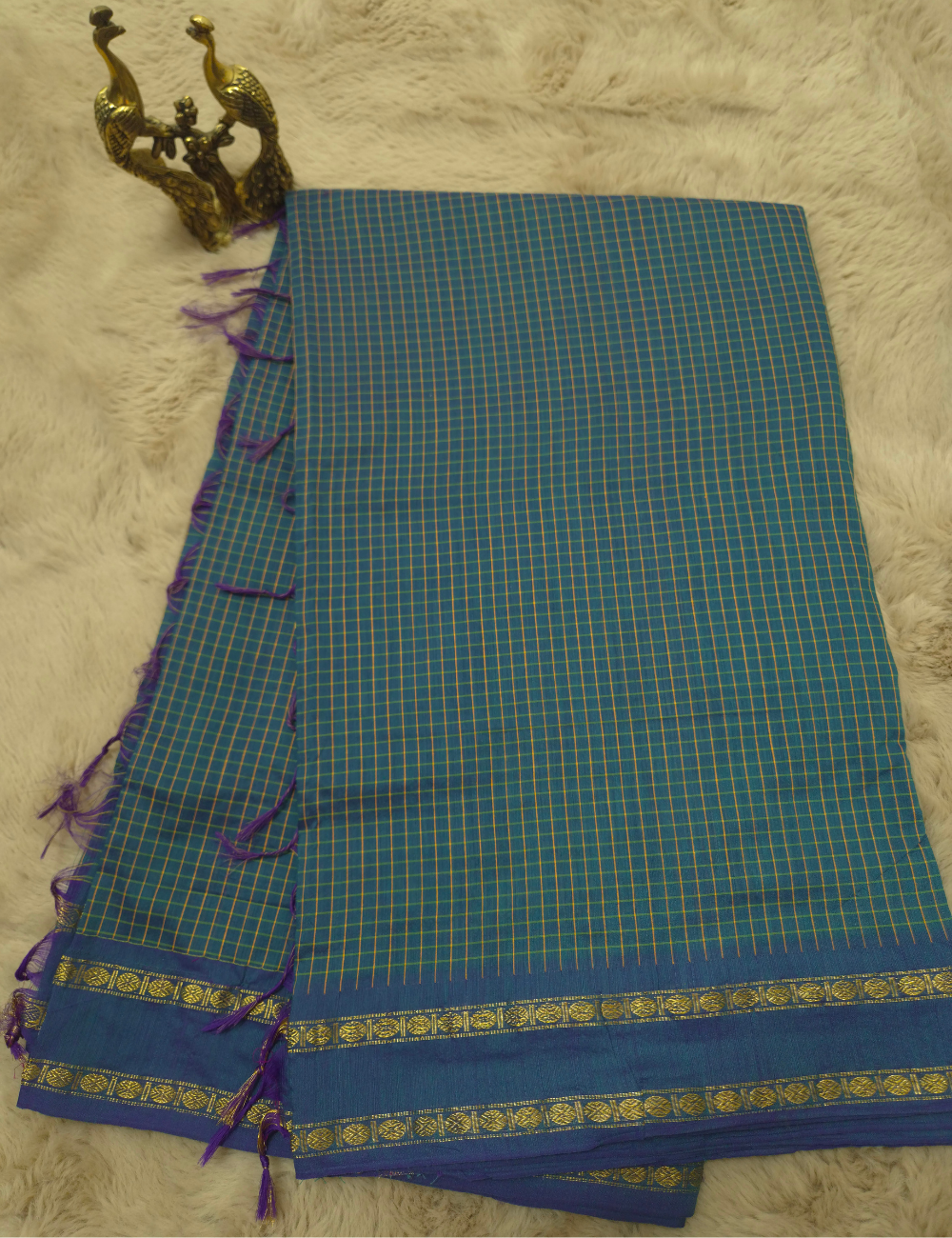 Arani Checked Cotton Saree – Peacock Blue Checks with Purple Shot Woven Border