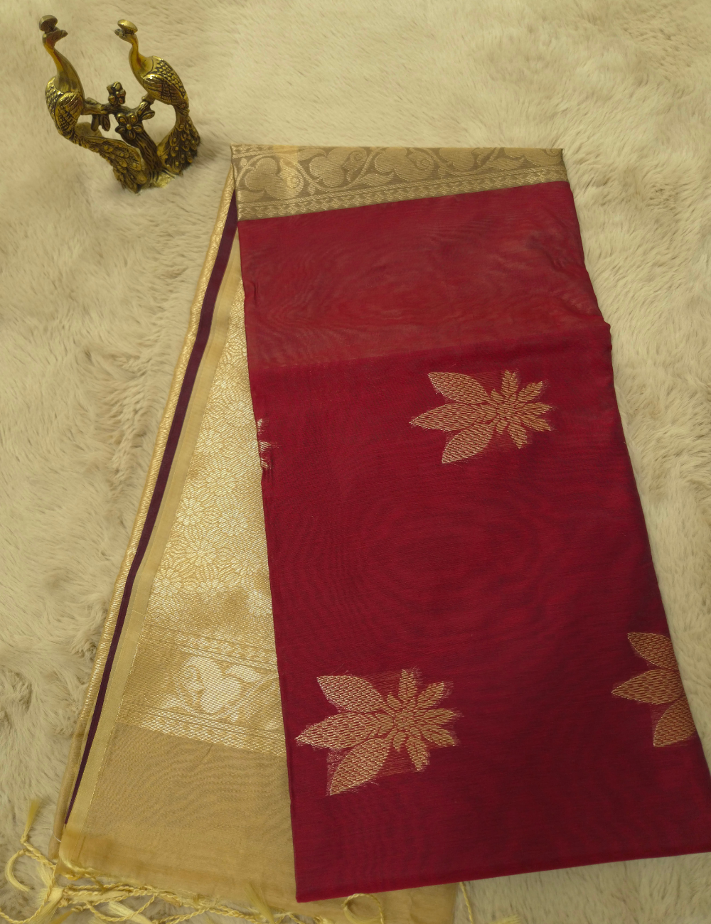 Premium Kota Silk Cotton Saree – Burgundy | Beige Rich Gold Zari Woven Border