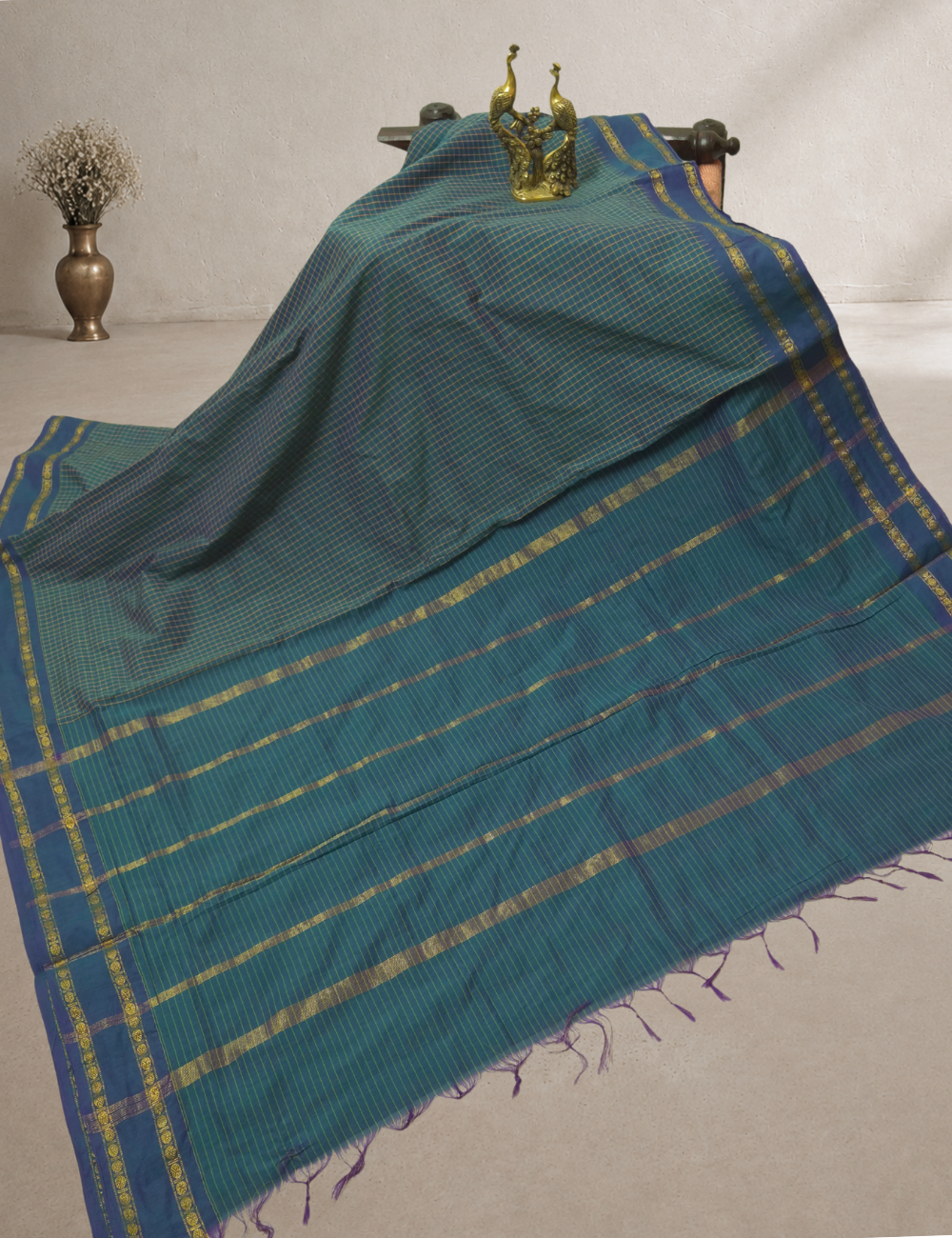 Arani Checked Cotton Saree – Peacock Blue Checks with Purple Shot Woven Border