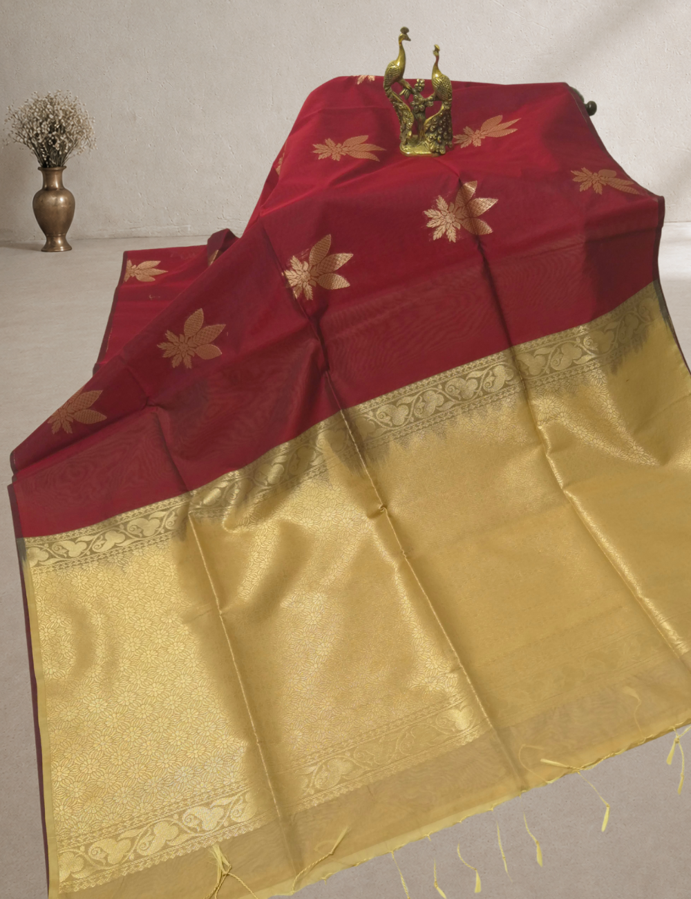 Premium Kota Silk Cotton Saree – Burgundy | Beige Rich Gold Zari Woven Border
