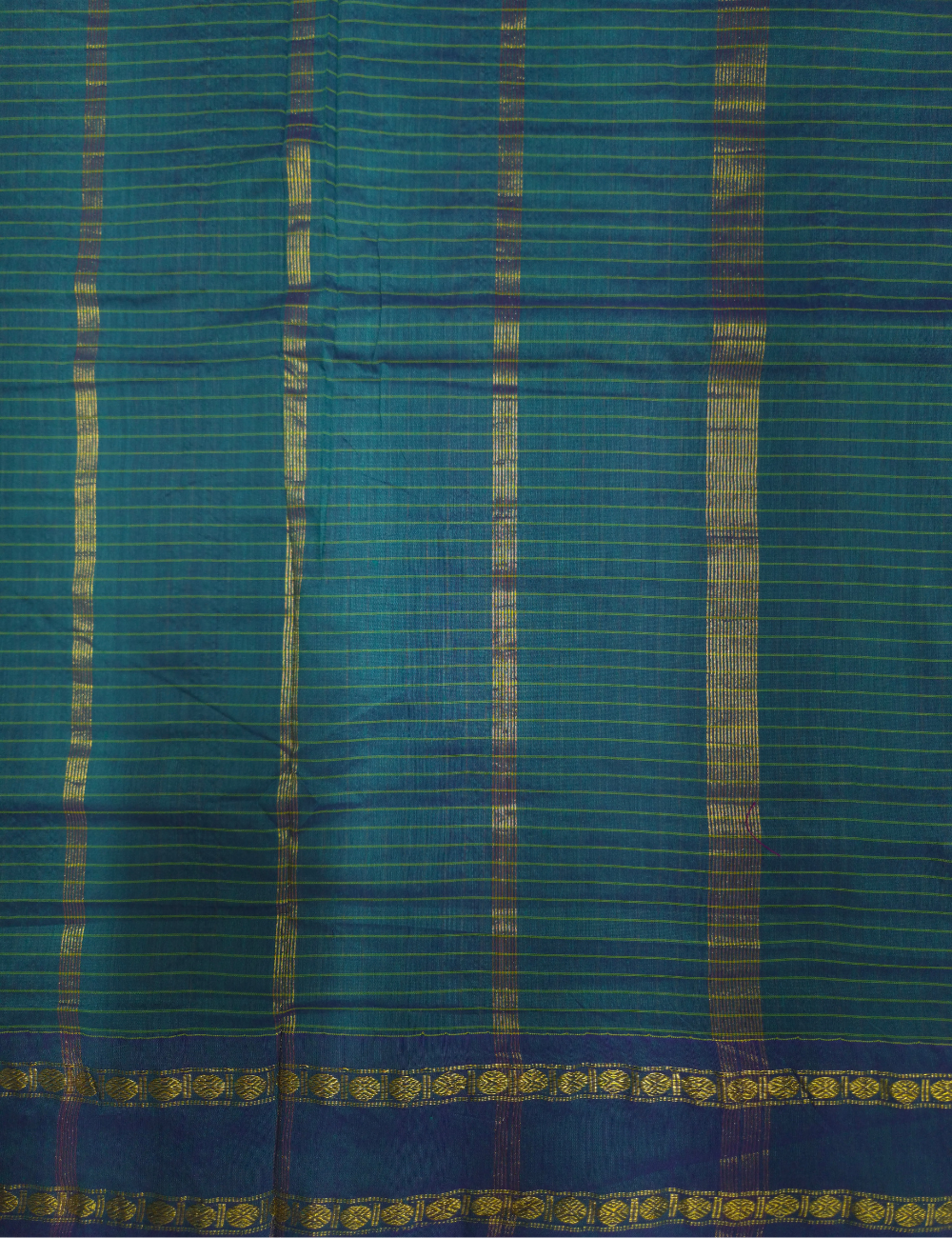 Arani Checked Cotton Saree – Peacock Blue Checks with Purple Shot Woven Border