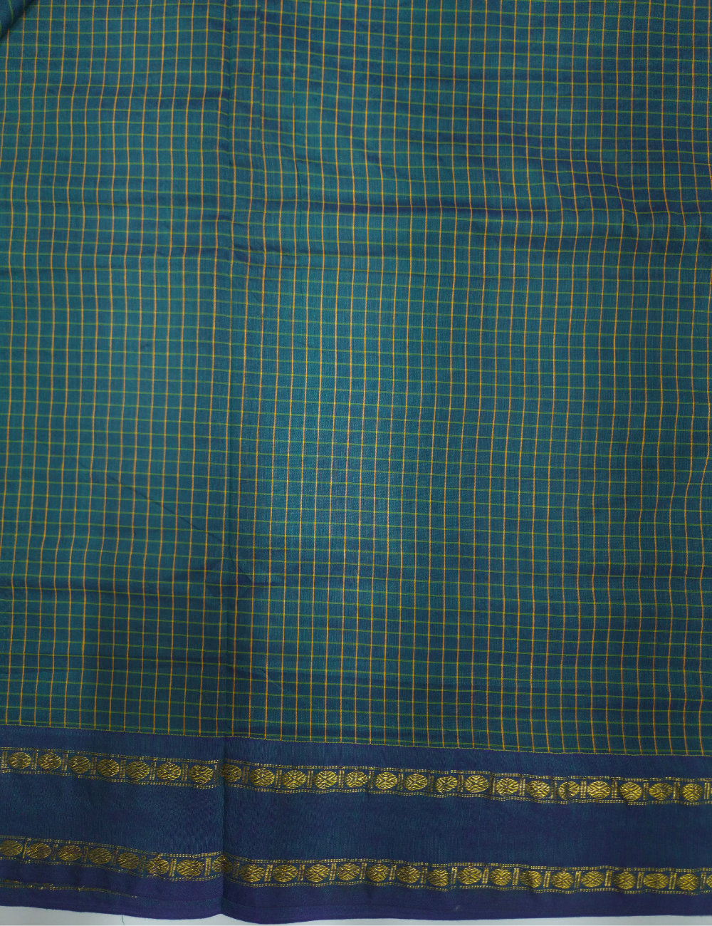 Arani Checked Cotton Saree – Peacock Blue Checks with Purple Shot Woven Border
