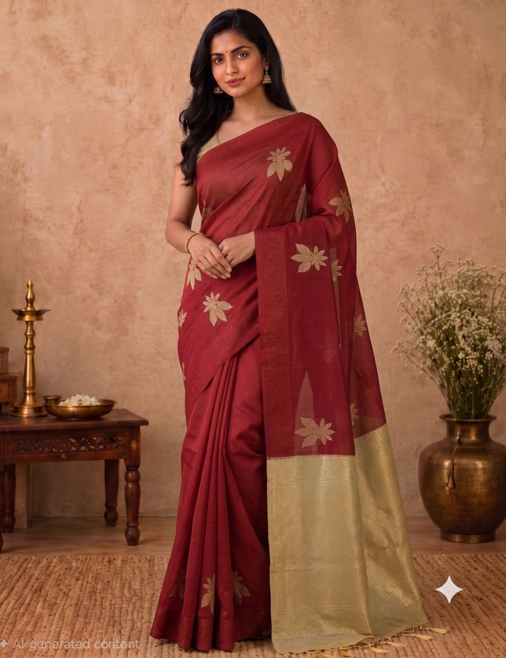 Premium Kota Silk Cotton Saree – Burgundy | Beige Rich Gold Zari Woven Border