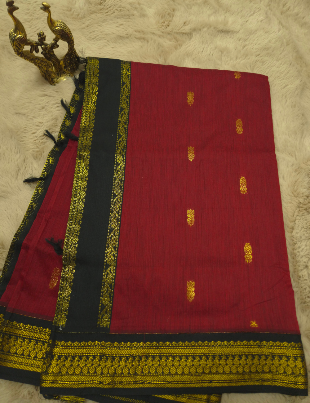 Kalyani Cotton Saree – Crimson Red with Black Gold Zari Woven Border
