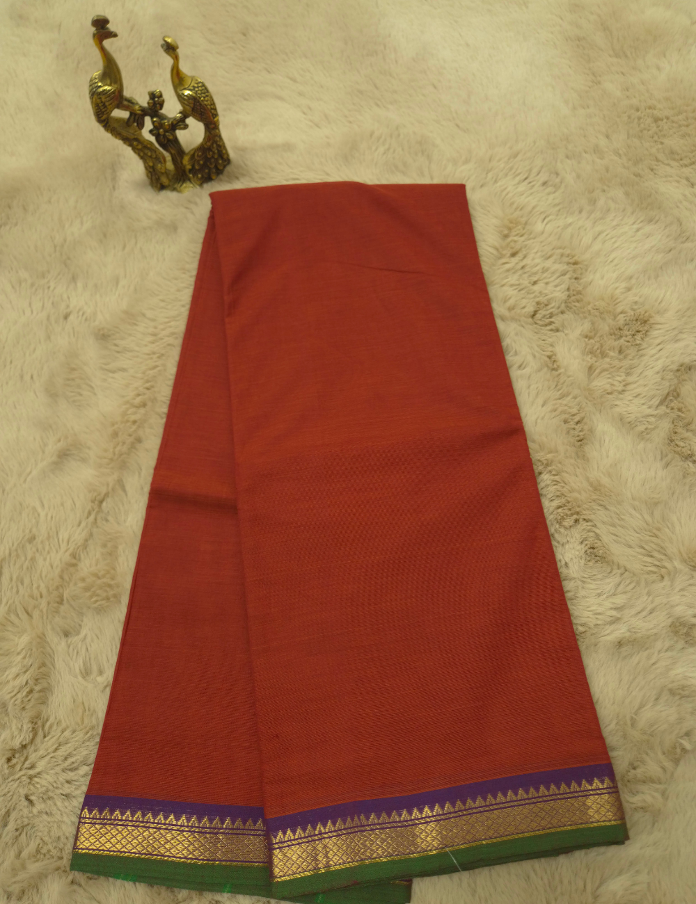 Pure 80s Kanchi Cotton Saree – Brick Orange | Olive Green Gold Zari Woven Border