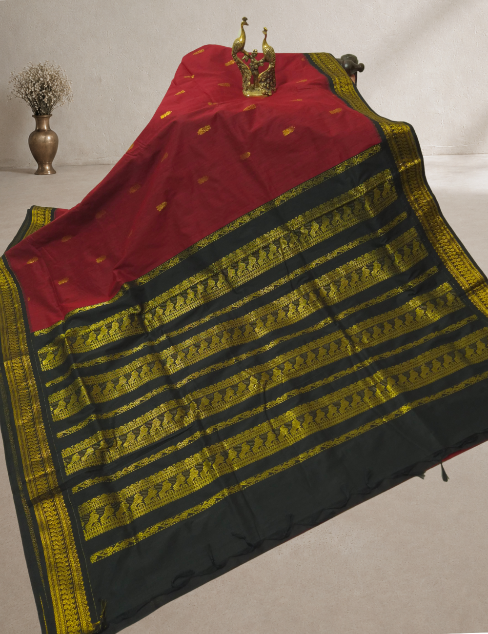 Kalyani Cotton Saree – Crimson Red with Black Gold Zari Woven Border