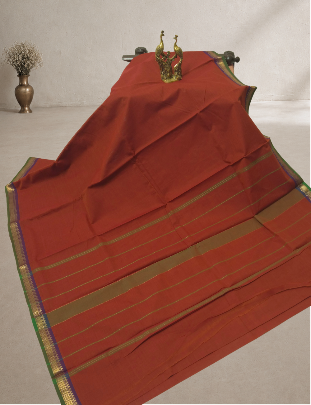 Pure 80s Kanchi Cotton Saree – Brick Orange | Olive Green Gold Zari Woven Border