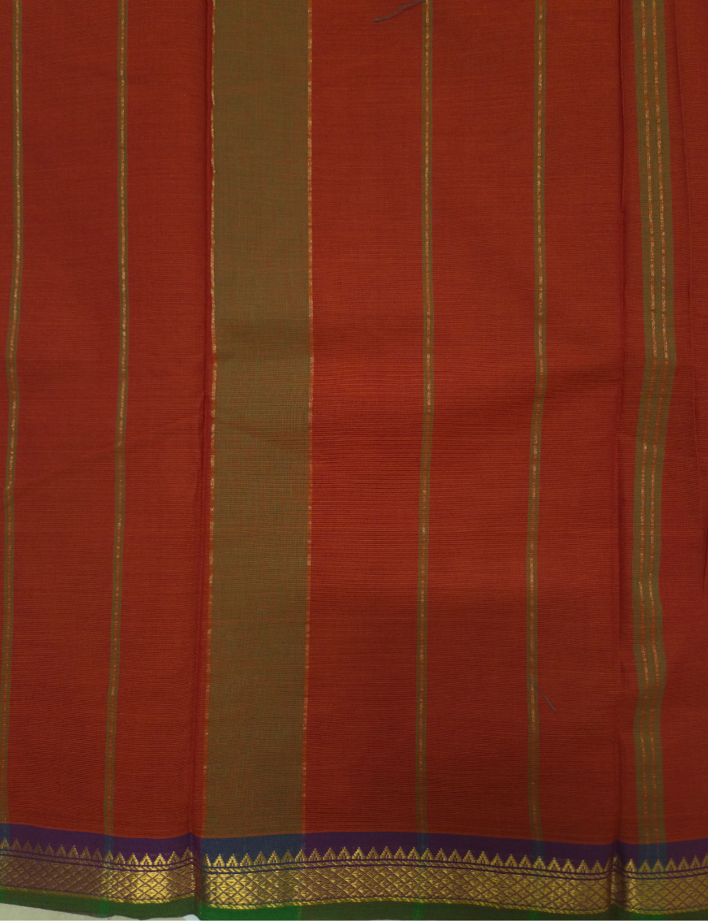 Pure 80s Kanchi Cotton Saree – Brick Orange | Olive Green Gold Zari Woven Border