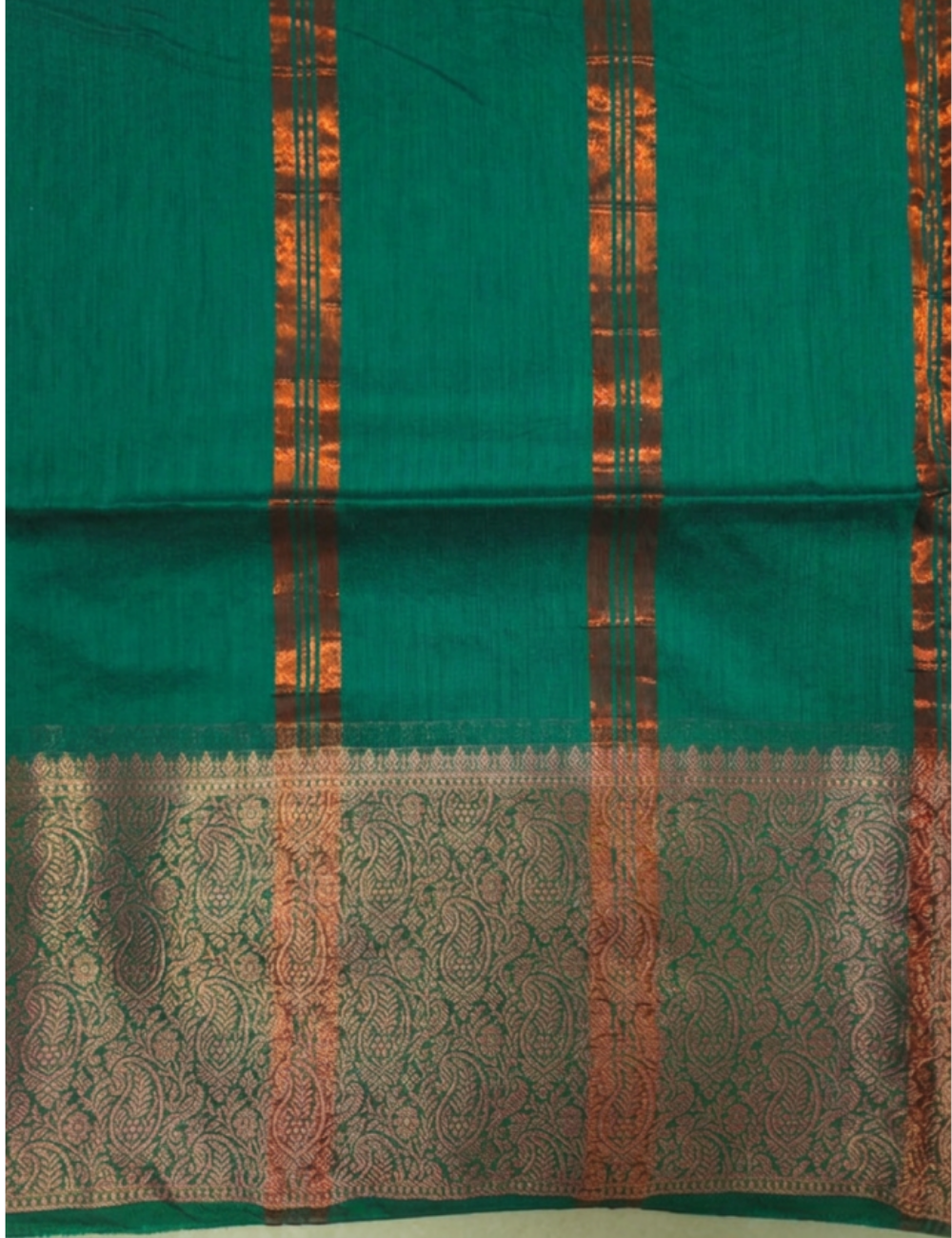 Kalyani Silk Cotton Saree – Peacock Green | Copper Gold Zari Woven Border