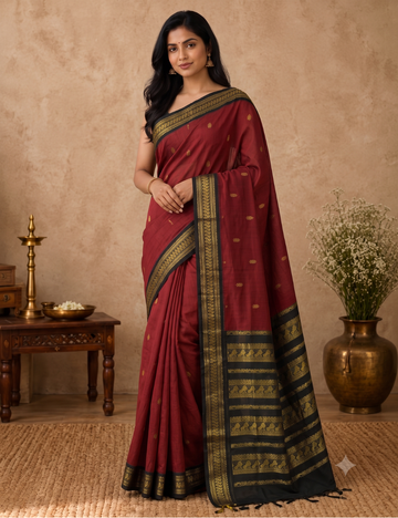 Kalyani Cotton Saree – Crimson Red with Black Gold Zari Woven Border