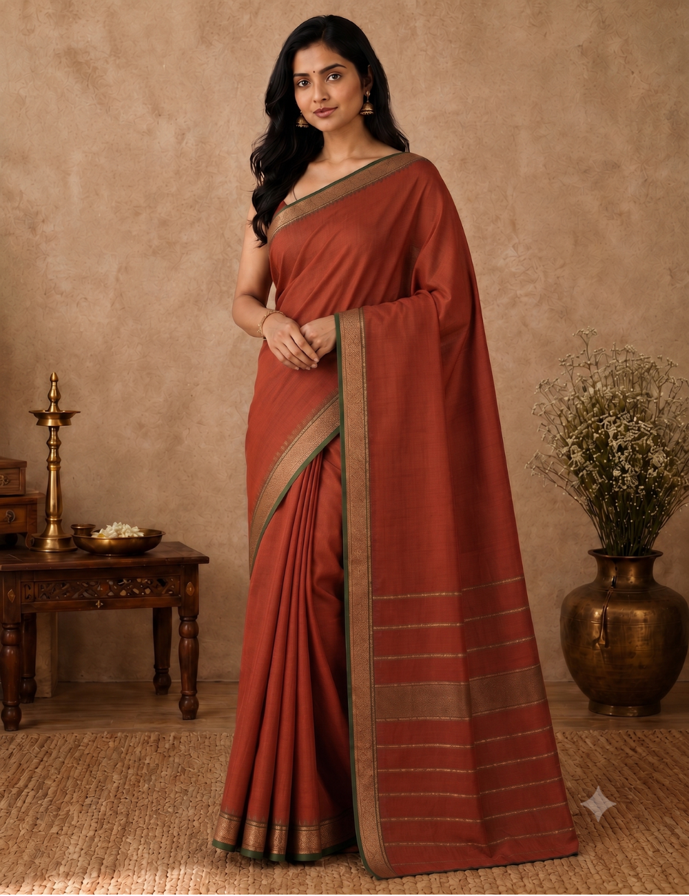 Pure 80s Kanchi Cotton Saree – Brick Orange | Olive Green Gold Zari Woven Border
