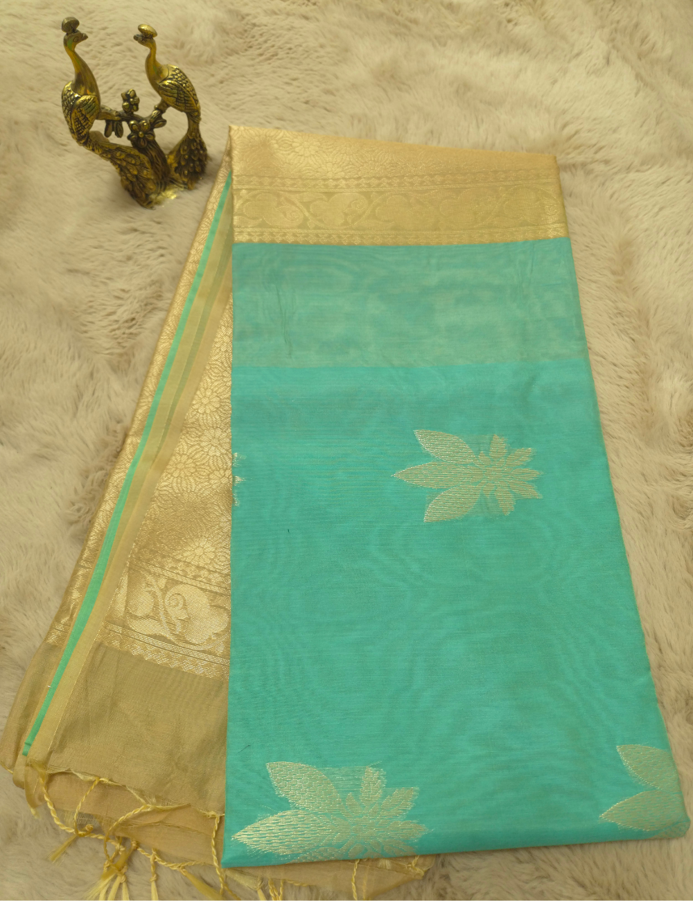 Premium Kota Silk Cotton Saree – Aqua Mint with Beige Rich Gold Zari Woven Border
