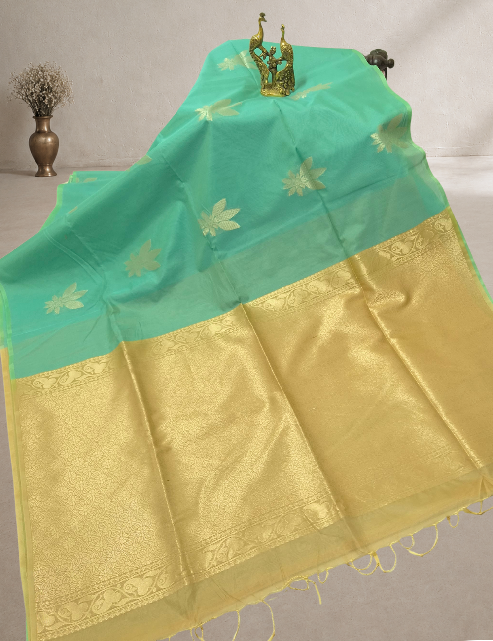 Premium Kota Silk Cotton Saree – Aqua Mint with Beige Rich Gold Zari Woven Border