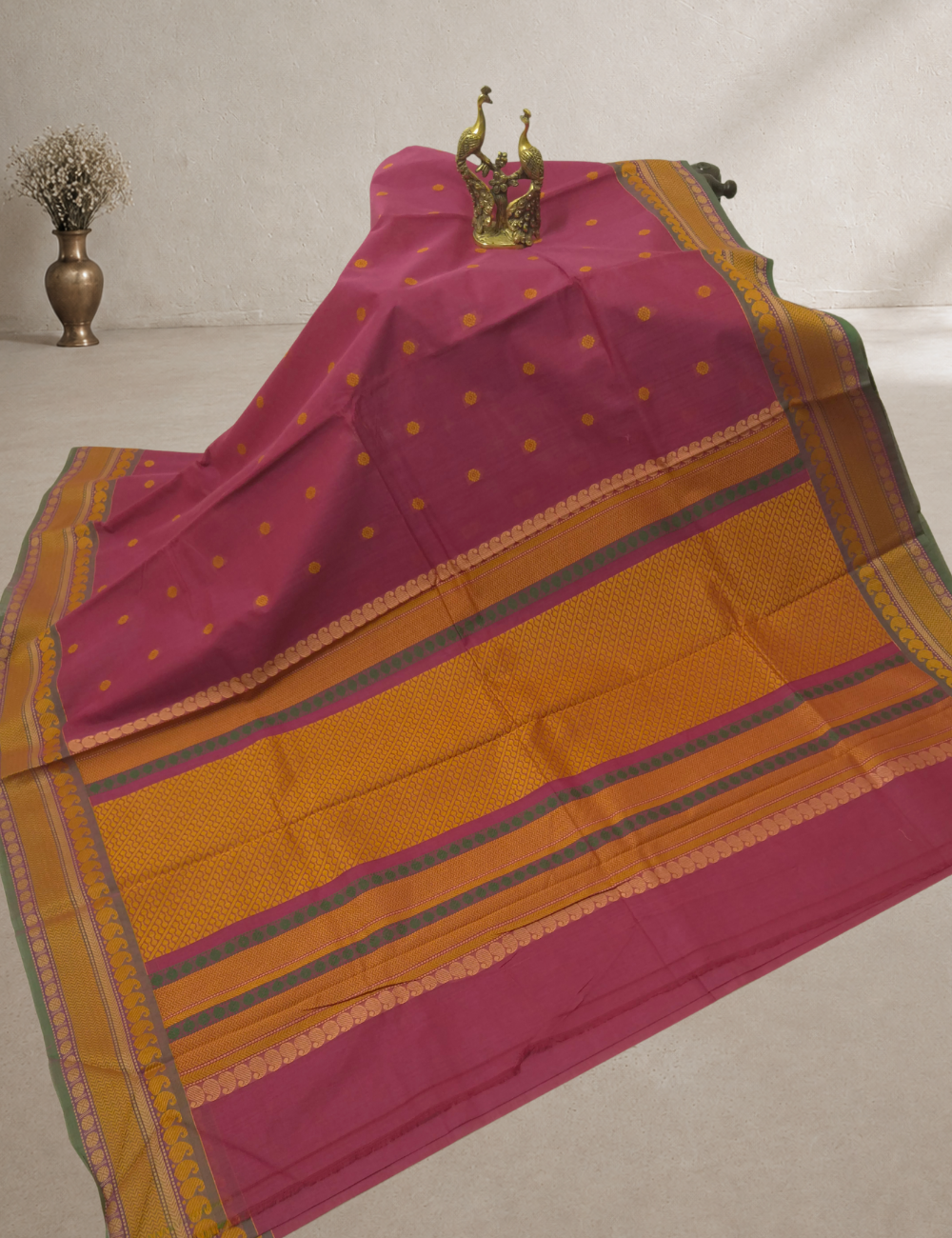 Pure 80s Kanchi Cotton Saree – French Rose | Mustard Thread Woven Border