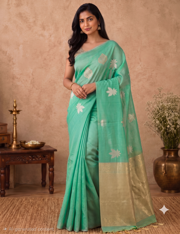 Premium Kota Silk Cotton Saree – Aqua Mint with Beige Rich Gold Zari Woven Border