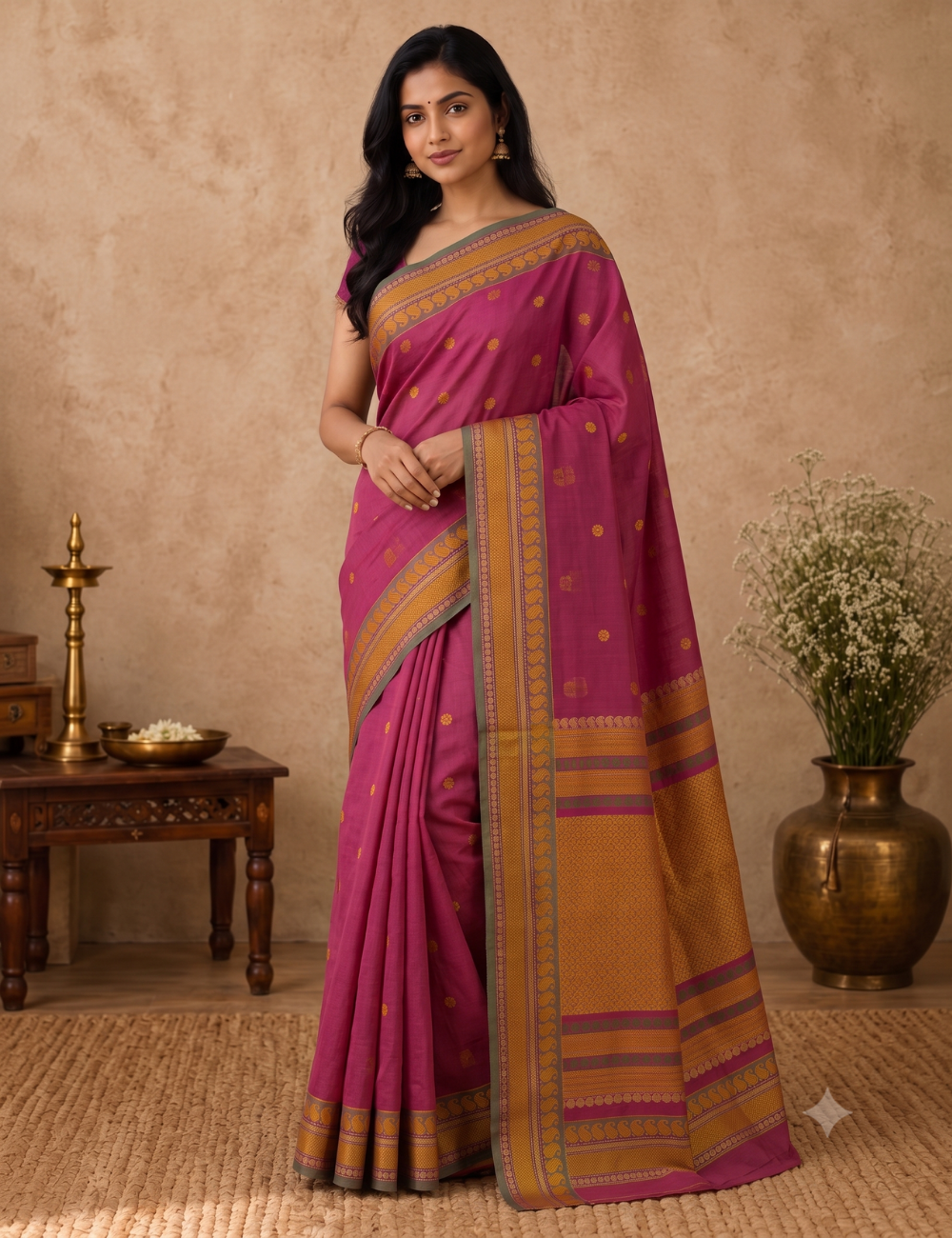 Pure 80s Kanchi Cotton Saree – French Rose | Mustard Thread Woven Border
