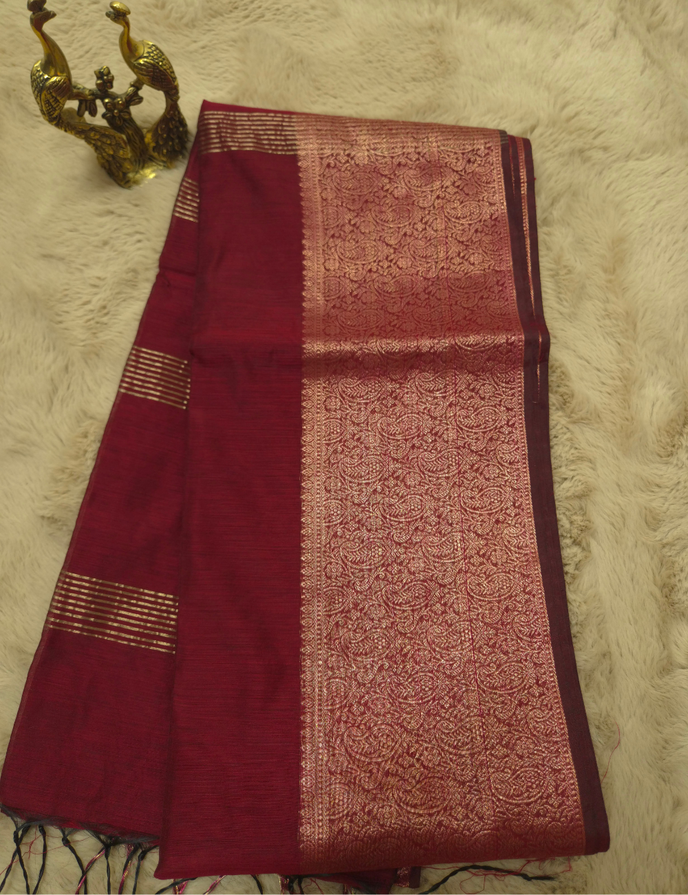 Premium Kalyani Silk Cotton Saree – Crimson Red with Antique Gold Zari Woven Border