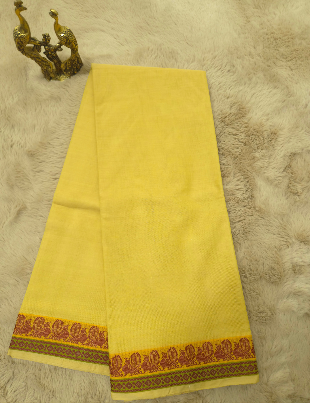 Pure 80s Kanchi Cotton Saree – Pale Lemon Yellow | Deep Red Thread Woven Border