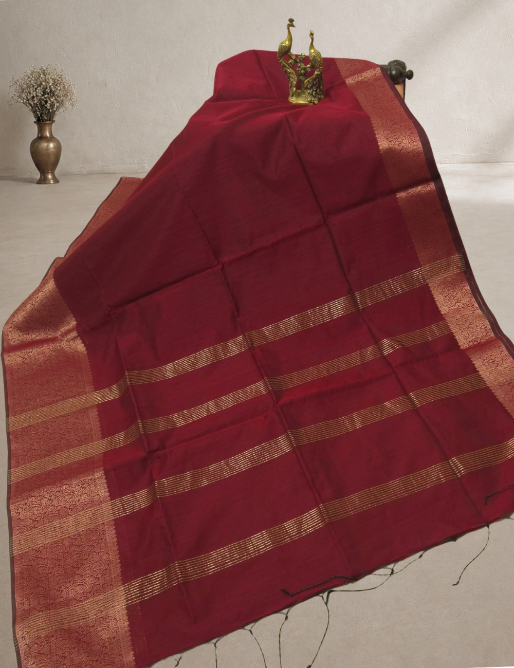 Premium Kalyani Silk Cotton Saree – Crimson Red with Antique Gold Zari Woven Border