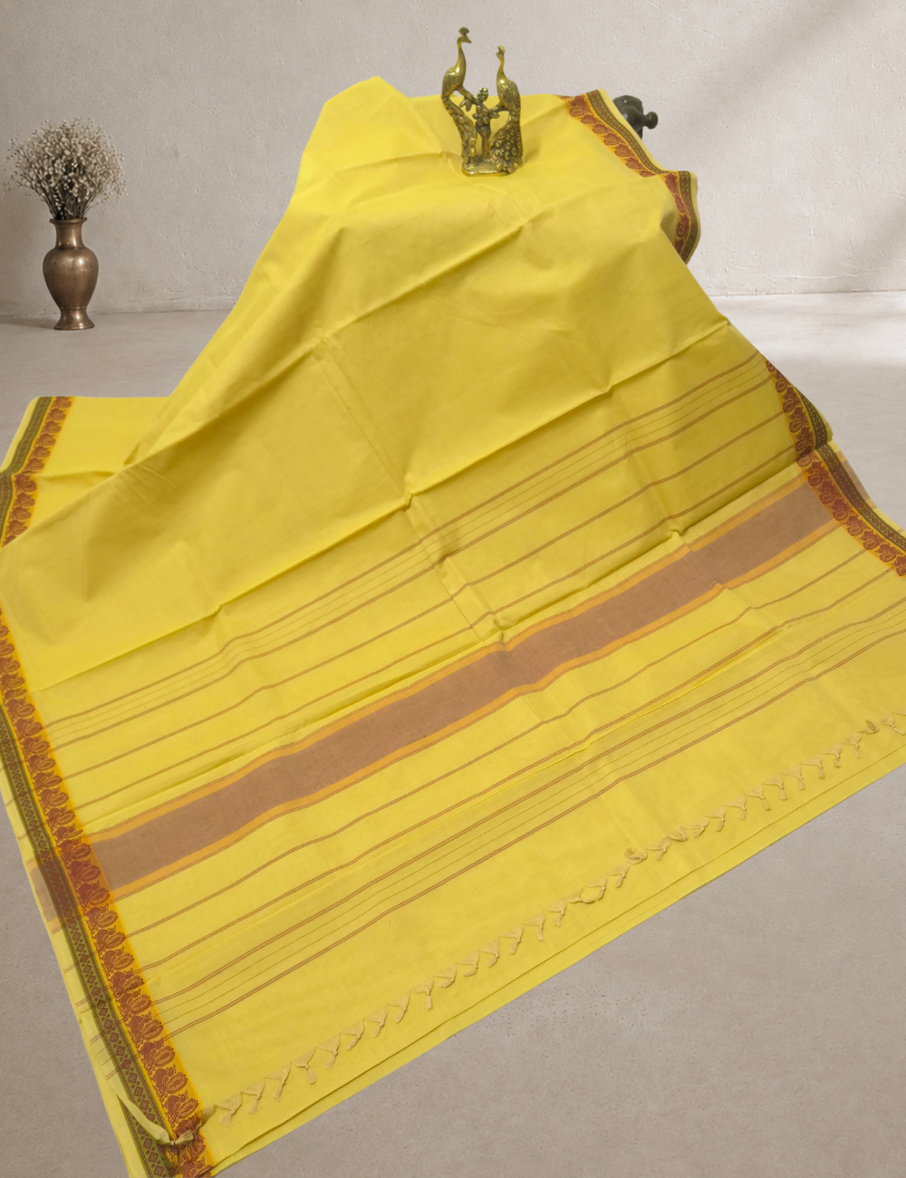 Pure 80s Kanchi Cotton Saree – Pale Lemon Yellow | Deep Red Thread Woven Border